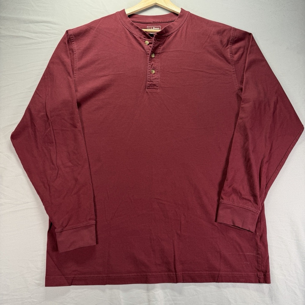 LL Bean Henley Shirt Mens Large Tall Red Long Sleeve Cotton Traditional Fit